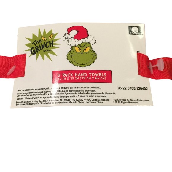 Dr Seuss How the Grinch Stole Christmas White Hand Towels Set of 2 - Picture 2 of 3
